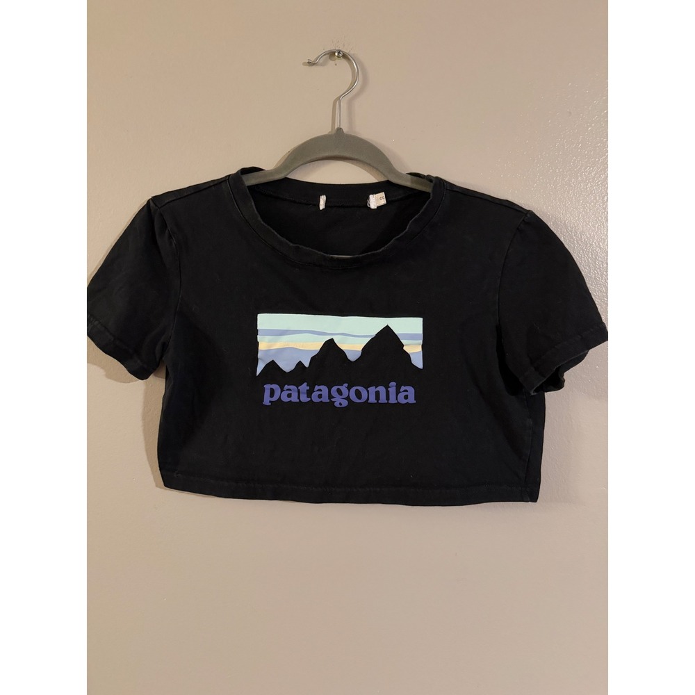 Patagonia Women Black Mountain Logo Cropped Graphic T-Shirt Small